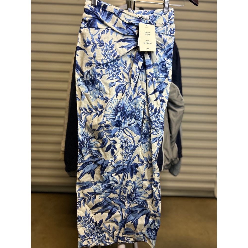 H&M Skirt Women 0 Blue White Linen Blend Floral Sarong Midi Draped Tropical NEW